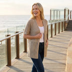 Short Sleeve Crochet Cardigan with Open Front Trim Khaki 2