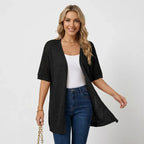 Short Sleeve Crochet Cardigan with Open Front Trim Black 3