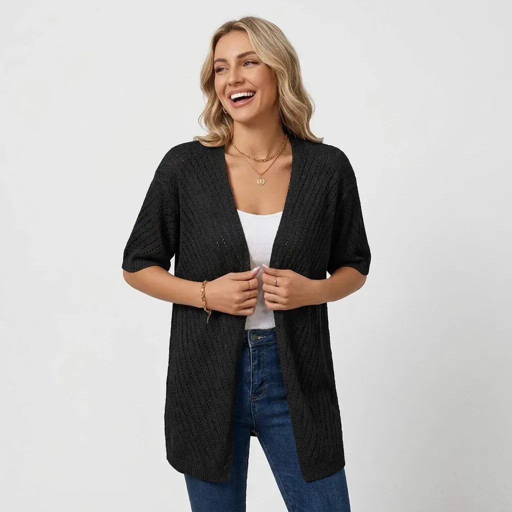 Short Sleeve Crochet Cardigan with Open Front Trim Black 4