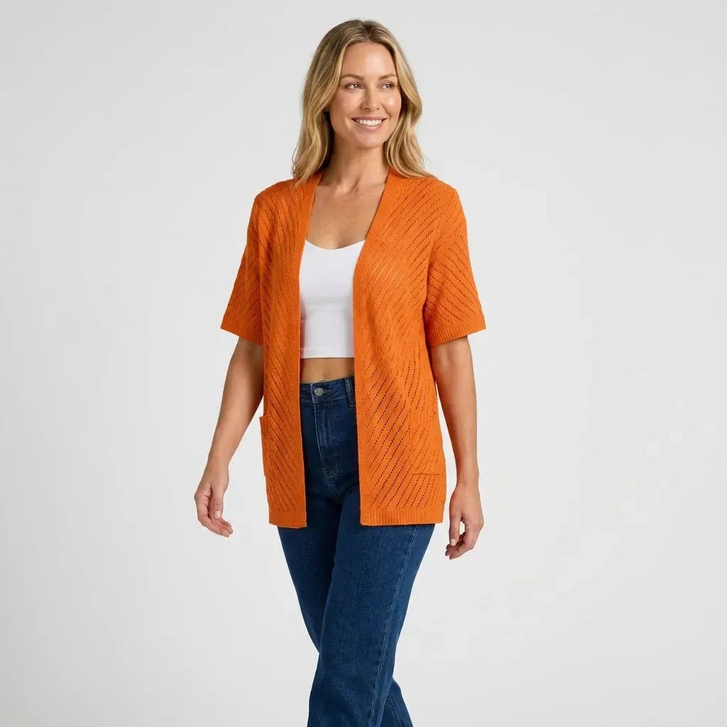 Short Sleeve Crochet Cardigan with Open Front Trim Orange 5
