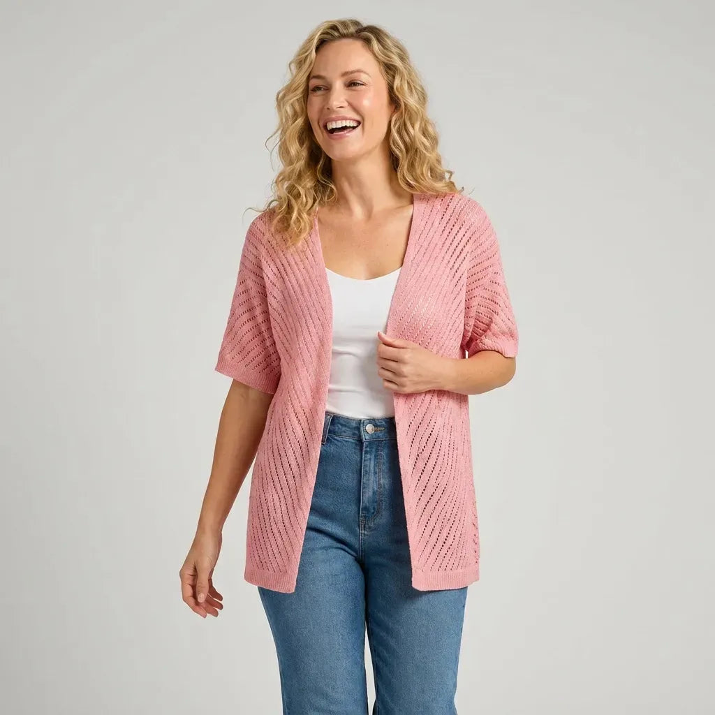 Short Sleeve Crochet Cardigan with Open Front Trim Pink 6