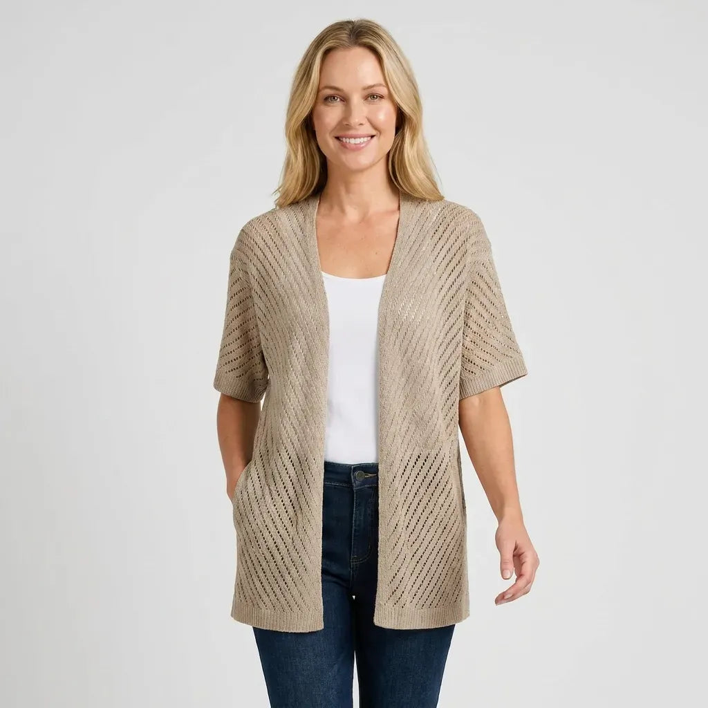 Short Sleeve Crochet Cardigan with Open Front Trim Khaki 7
