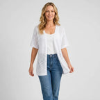 Short Sleeve Crochet Cardigan with Open Front Trim White 9