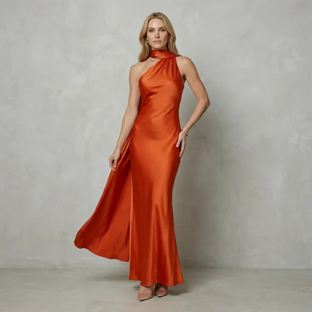 Silky Draped One Shoulder Satin Maxi Dress Orange 3