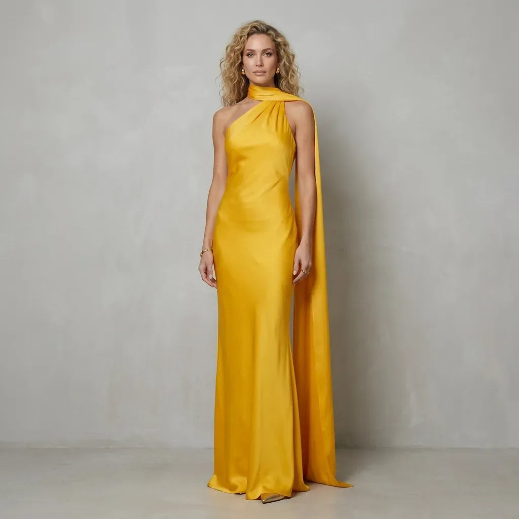 Silky Draped One Shoulder Satin Maxi Dress Yellow 4