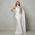 Silky Draped One Shoulder Satin Maxi Dress White 5