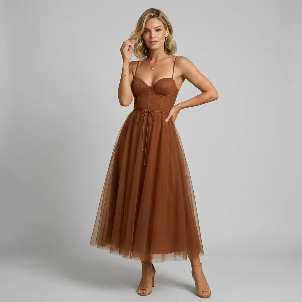 Sleeveless Chiffon Dress Cocktail Midi Brown 1