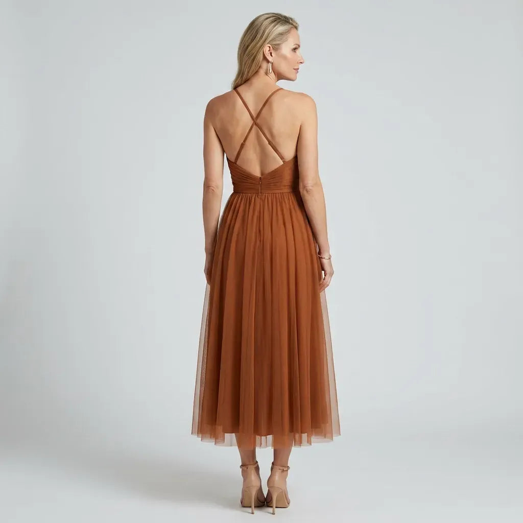 Sleeveless Chiffon Dress Cocktail Midi Brown 4