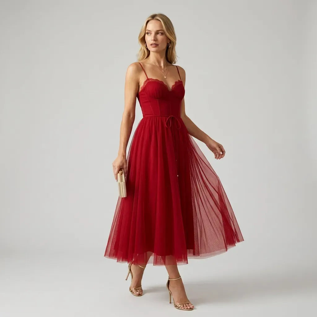 Sleeveless Chiffon Dress Cocktail Midi Red 6