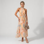 Sleeveless Chiffon Maxi Dress with Halterneck in Orange – front view