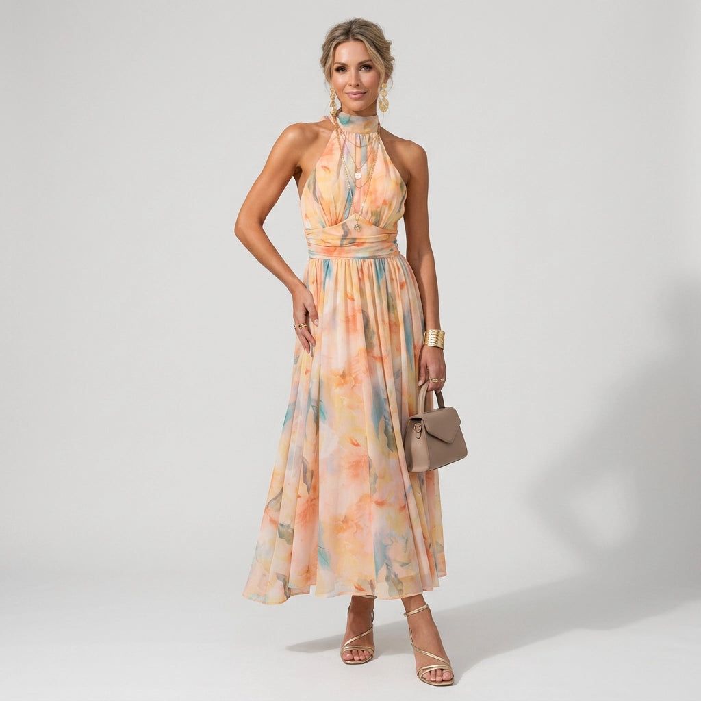 Sleeveless Chiffon Maxi Dress with Halterneck in Orange – front view
