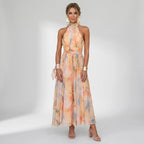 Sleeveless Chiffon Maxi Dress with Halterneck in Orange
