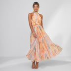 Sleeveless Chiffon Maxi Dress with Halterneck in Orange – side view