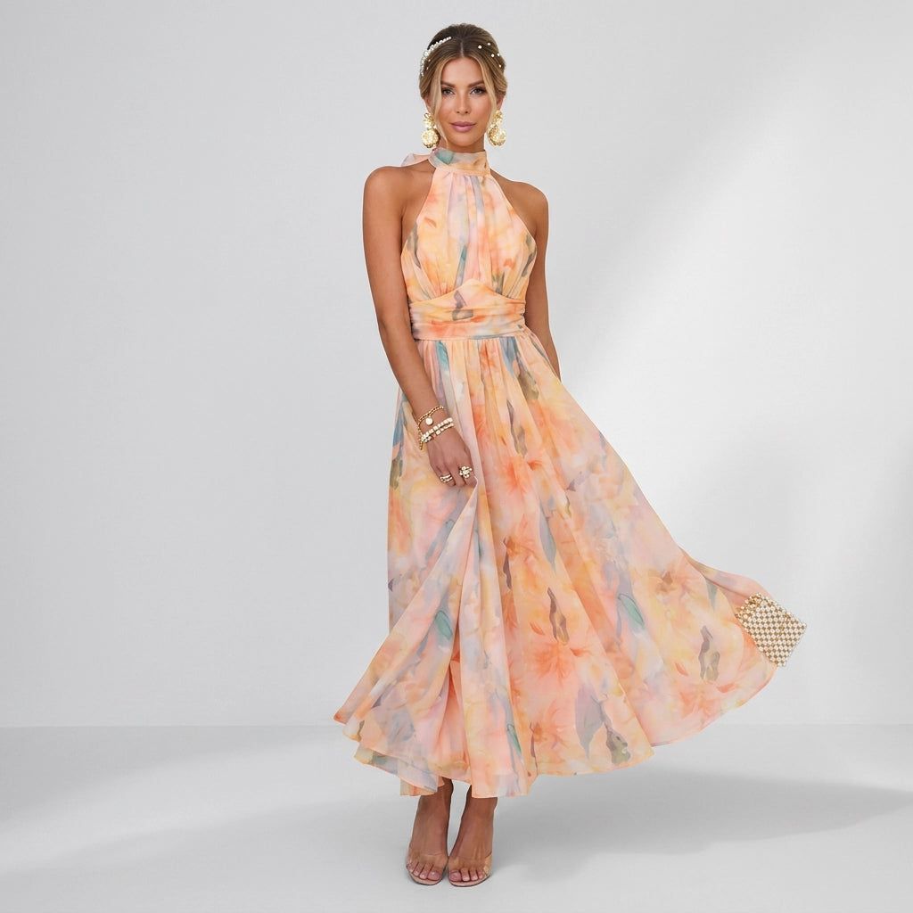 Sleeveless Chiffon Maxi Dress with Halterneck in Orange – side view