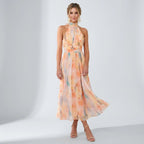 Sleeveless Chiffon Maxi Dress with Halterneck in Orange – detail view