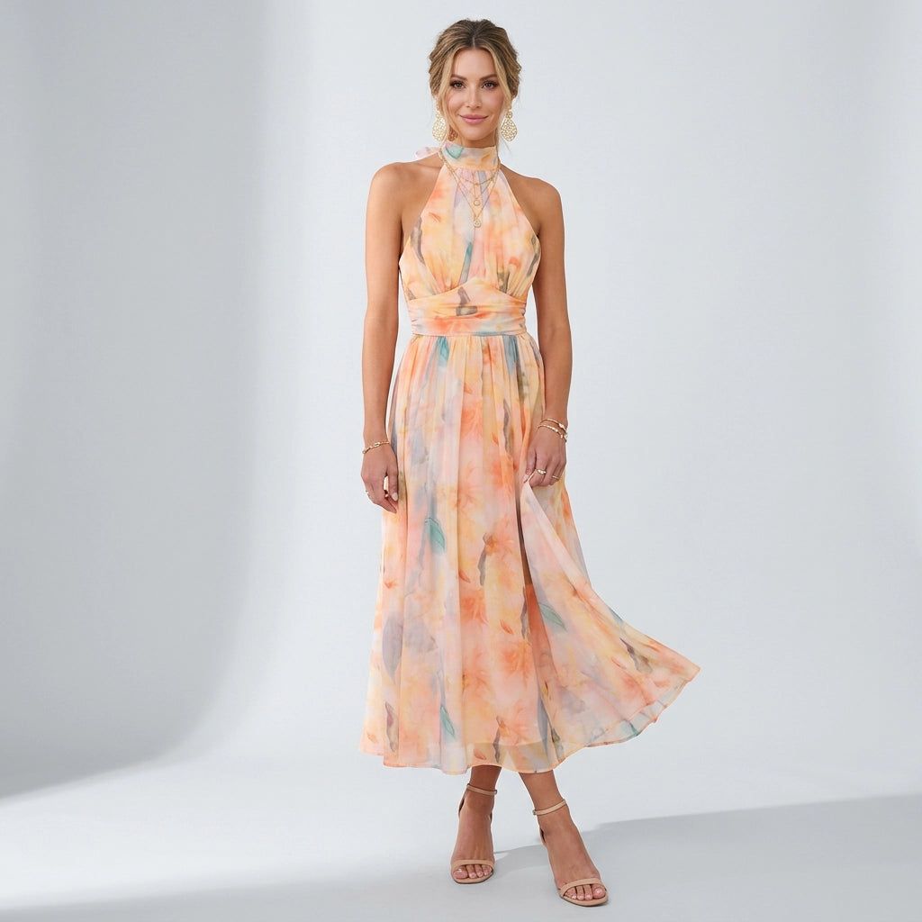 Sleeveless Chiffon Maxi Dress with Halterneck in Orange – detail view