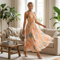 Sleeveless Chiffon Maxi Dress with Halterneck in Orange - 1