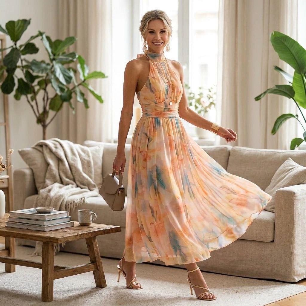 Sleeveless Chiffon Maxi Dress with Halterneck in Orange - 1