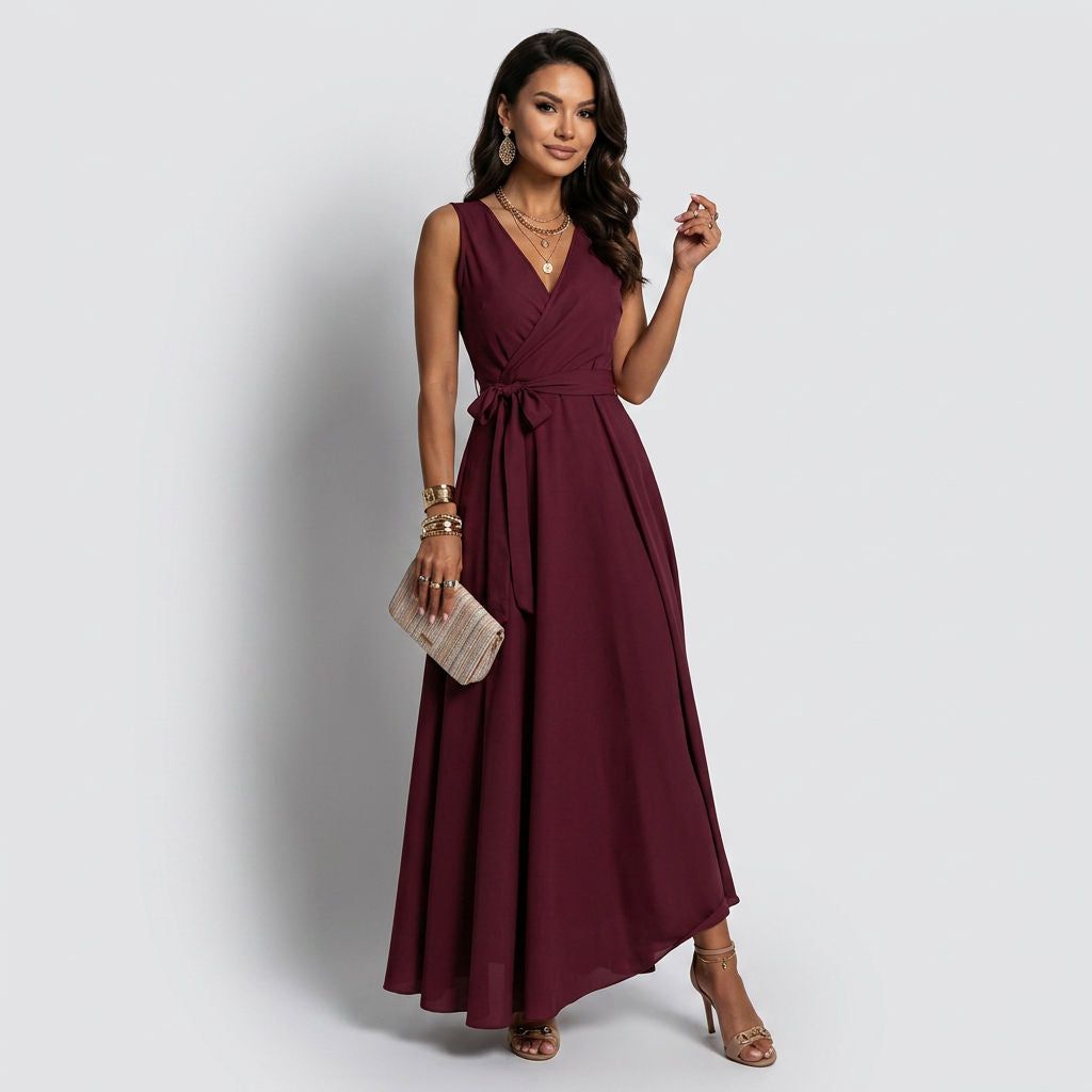 Sleeveless Maxi Dress with Wrap Look in Dark Red – 13