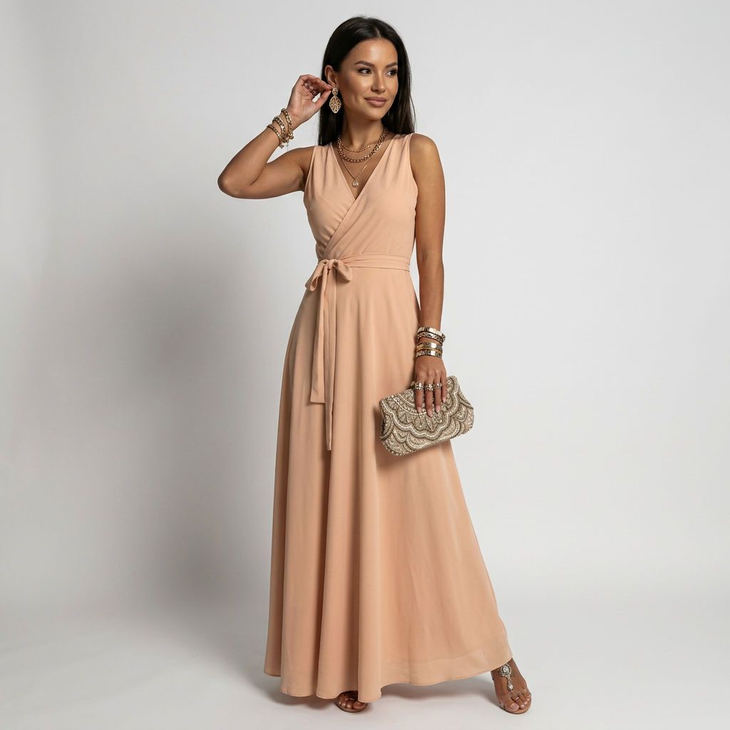 Sleeveless Maxi Dress with Wrap Look in Apricot – 4