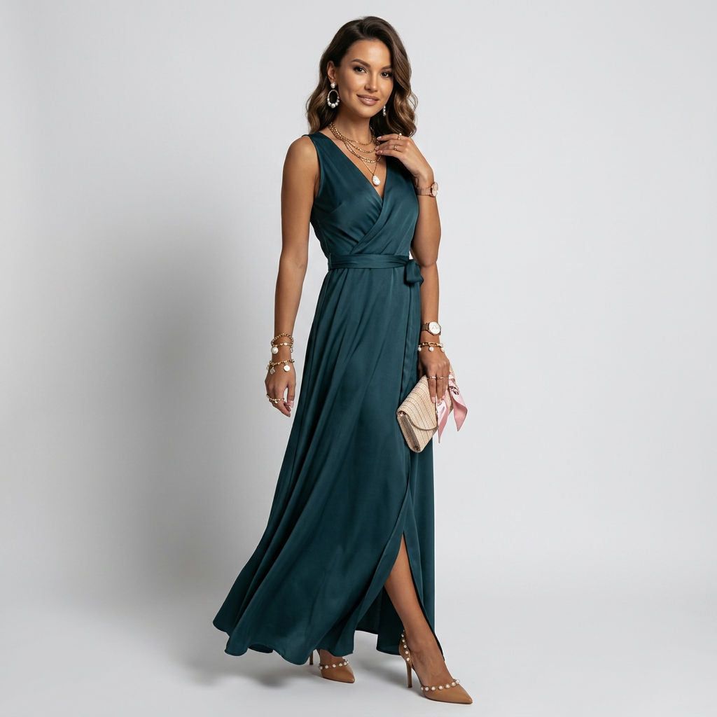 Sleeveless Maxi Dress with Wrap Look in Green – 5