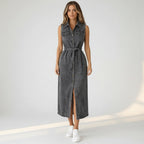 Sleeveless Midi Denim Dress with Belt Black 10