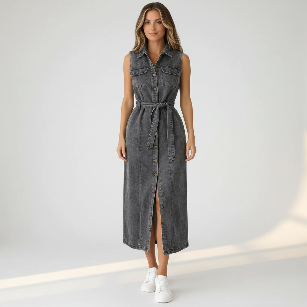 Sleeveless Midi Denim Dress with Belt Black 10