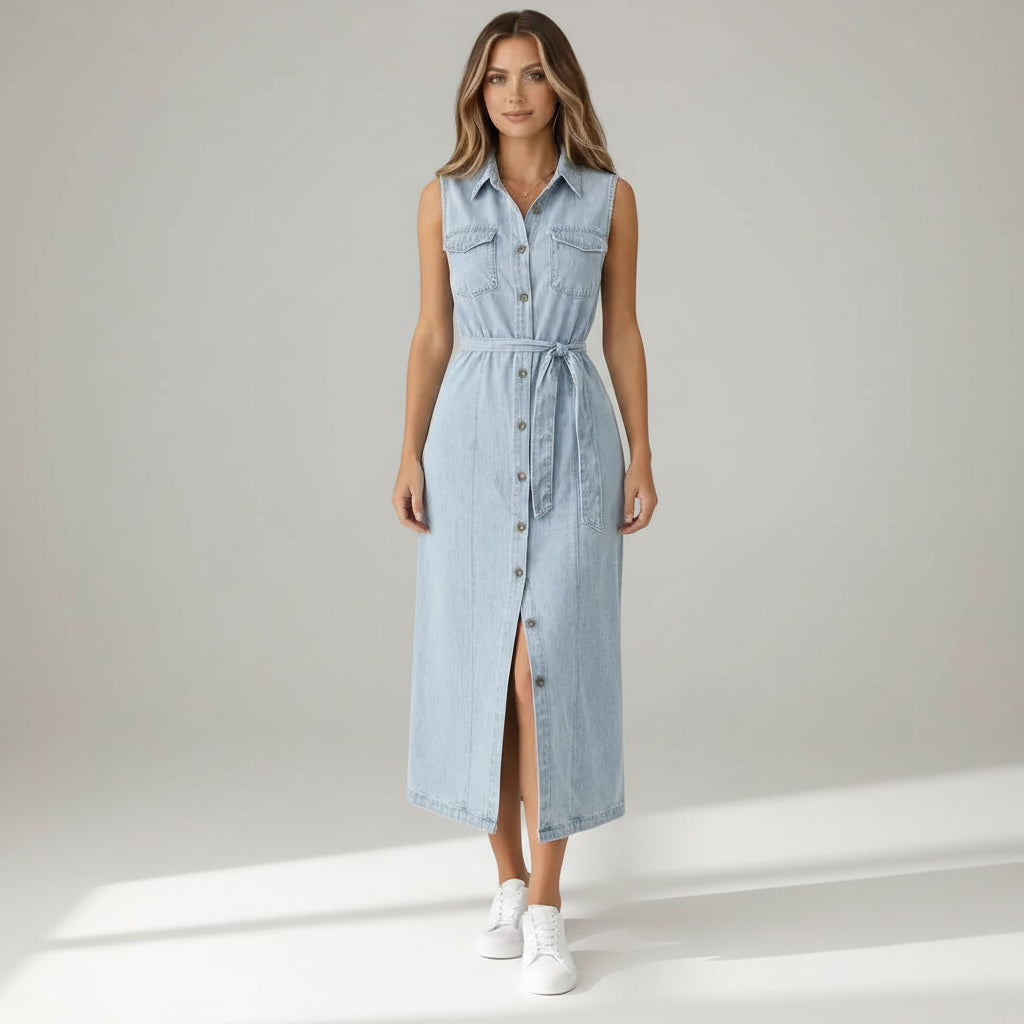 Sleeveless Midi Denim Dress with Belt Blue 3