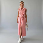 Sleeveless Midi Denim Dress with Belt Pink 5