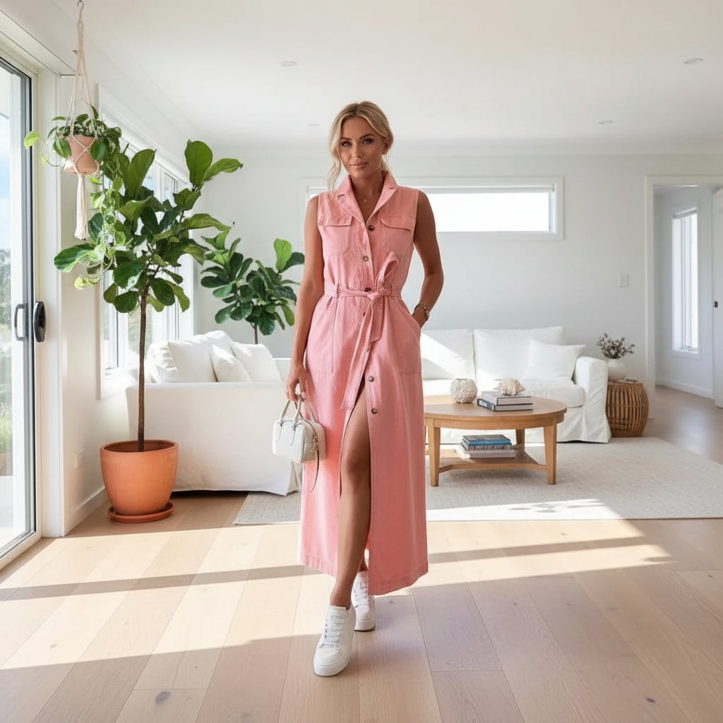 Sleeveless Midi Denim Dress with Belt Pink 6