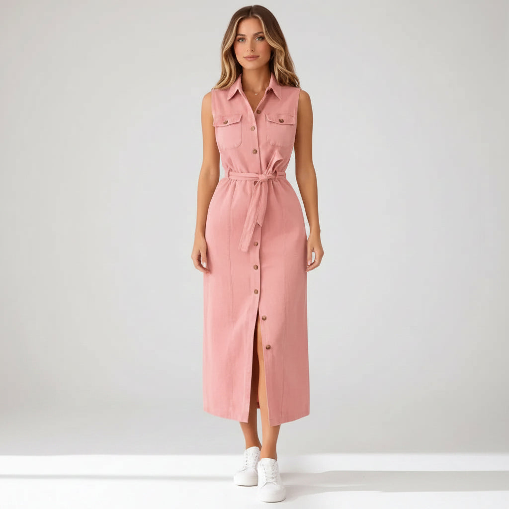 Sleeveless Midi Denim Dress with Belt Pink 7