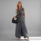 Sleeveless Midi Denim Dress with Belt Black 9