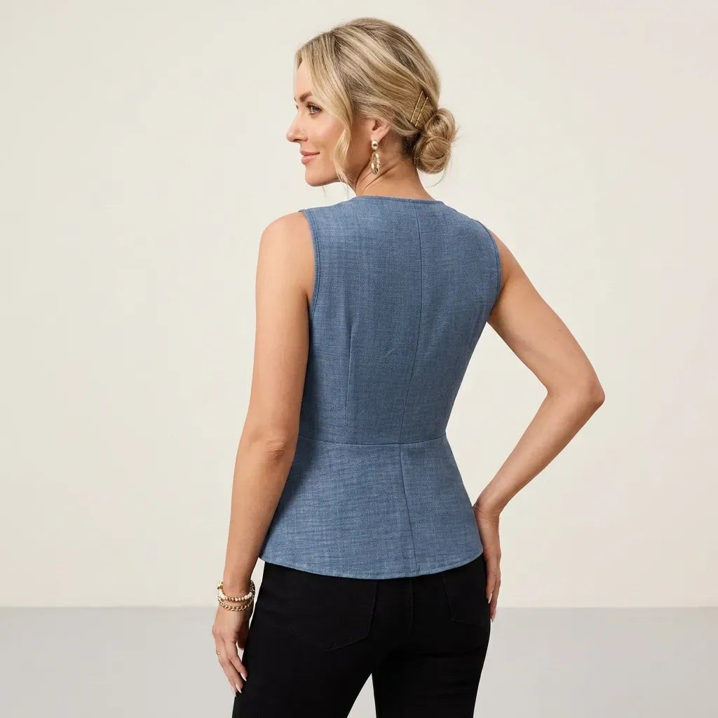 Sleeveless V Neck Peplum Top with Buttons Blue 1