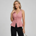Sleeveless V Neck Peplum Top with Buttons Pink 4