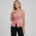 Sleeveless V Neck Peplum Top with Buttons Pink 4