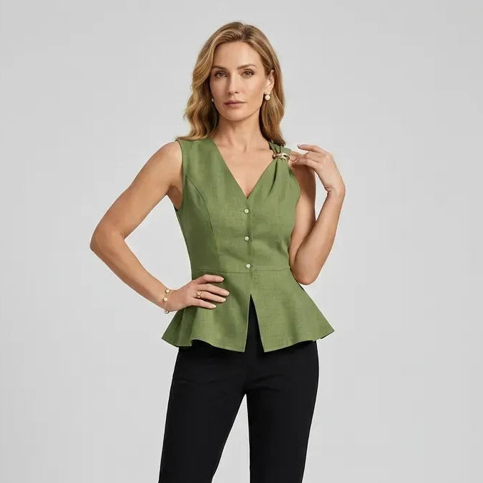 Sleeveless V Neck Peplum Top with Buttons Green 5