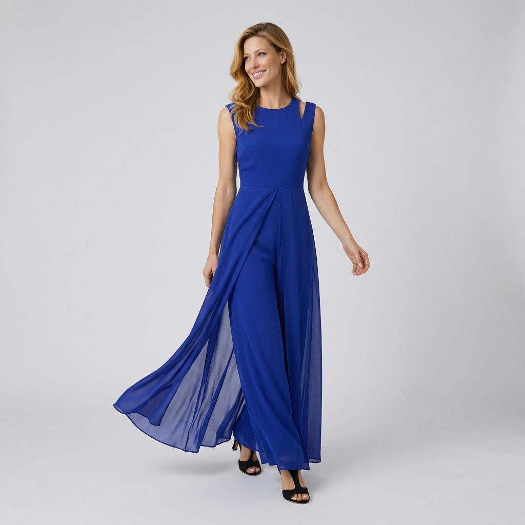 Sleeveless Wide-Leg Jumpsuit with Flowing Chiffon Overlay in Blue – 1
