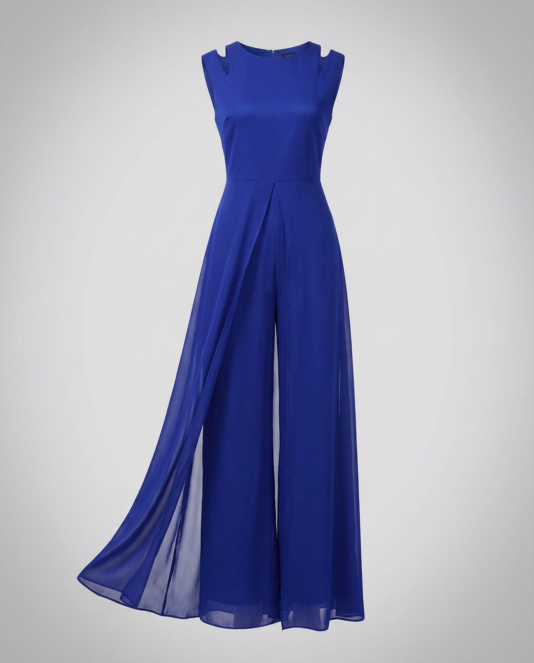 Sleeveless Wide-Leg Jumpsuit with Flowing Chiffon Overlay in Blue – 10
