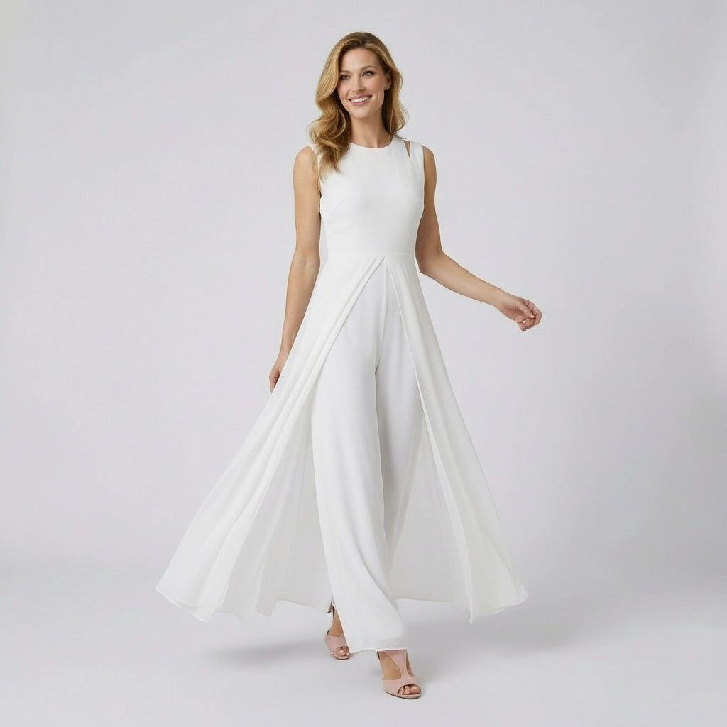 Sleeveless Wide-Leg Jumpsuit with Flowing Chiffon Overlay in White – 2
