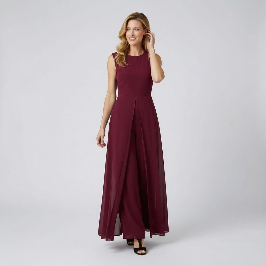 Sleeveless Wide-Leg Jumpsuit with Flowing Chiffon Overlay in Red – 4