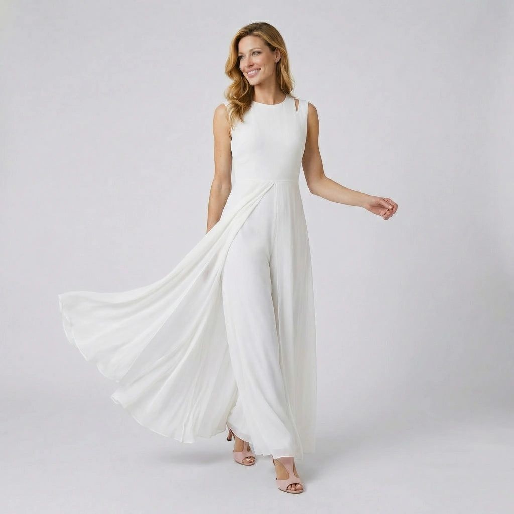 Sleeveless Wide-Leg Jumpsuit with Flowing Chiffon Overlay in White – 5