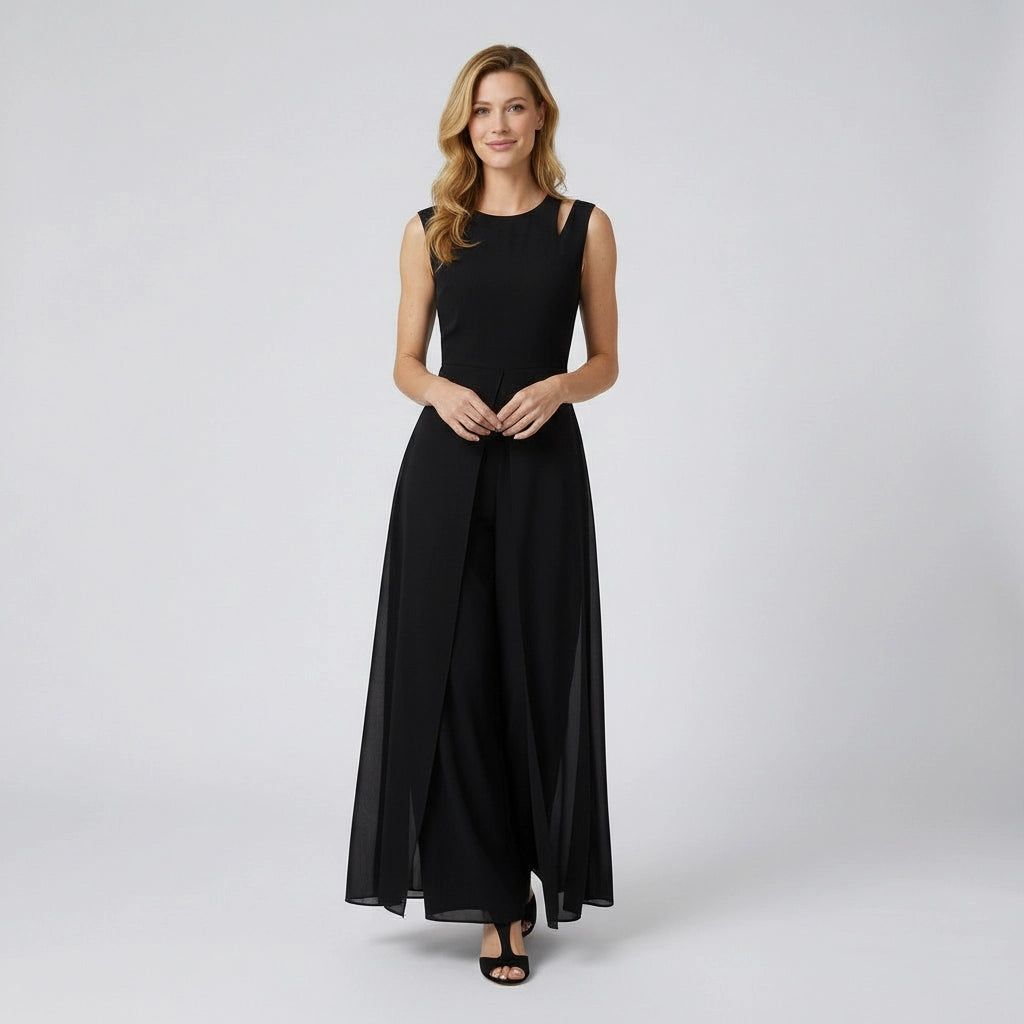 Sleeveless Wide-Leg Jumpsuit with Flowing Chiffon Overlay in Black – 6