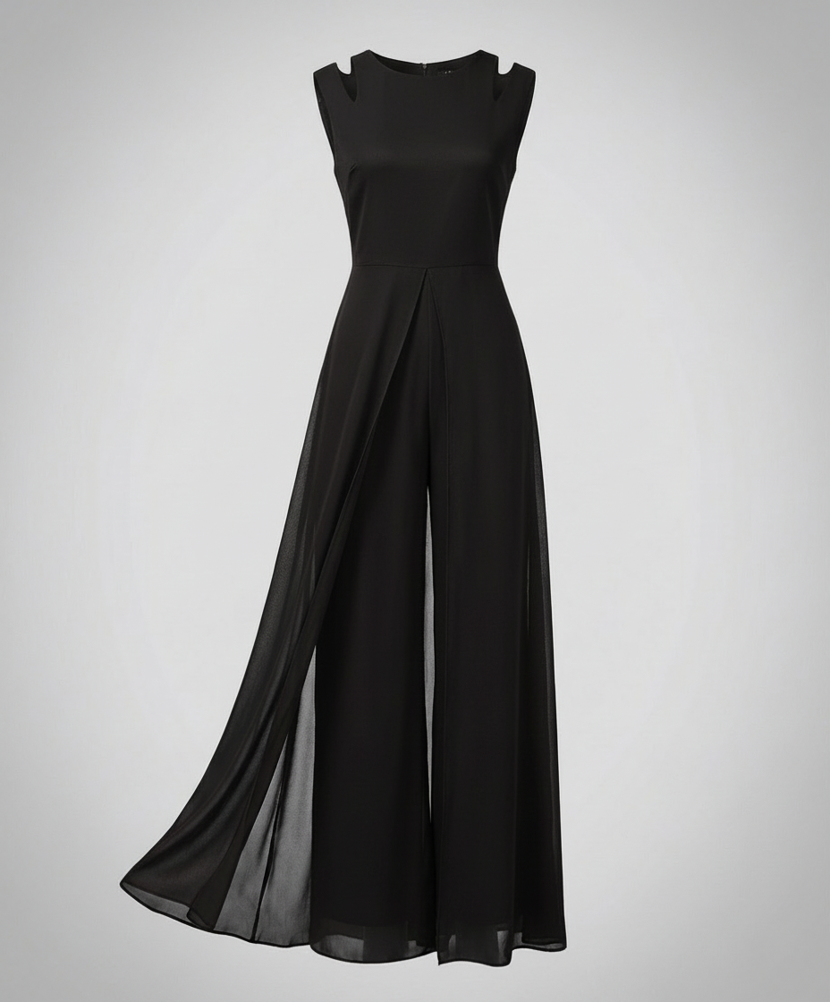 Sleeveless Wide-Leg Jumpsuit with Flowing Chiffon Overlay in Black – 7