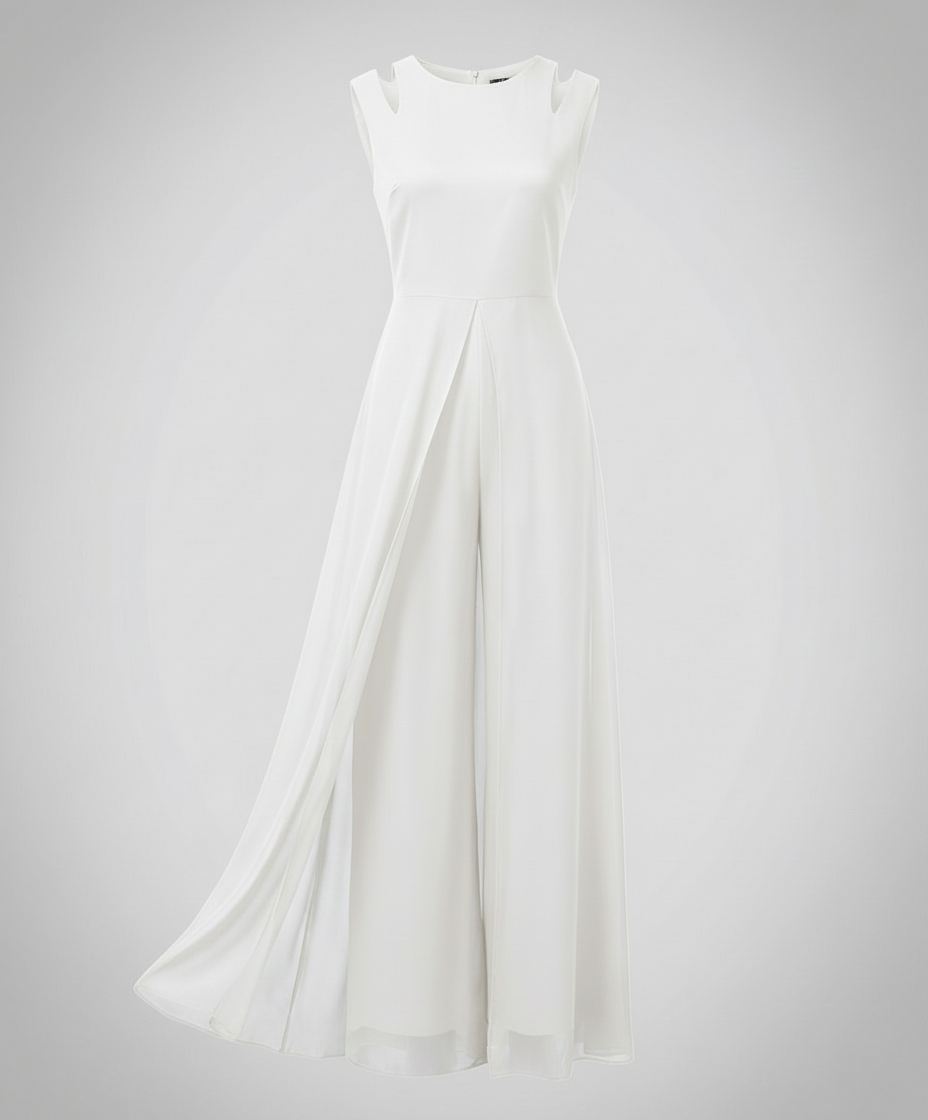 Sleeveless Wide-Leg Jumpsuit with Flowing Chiffon Overlay in White – 8