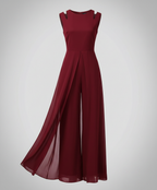 Sleeveless Wide-Leg Jumpsuit with Flowing Chiffon Overlay in Red – 9