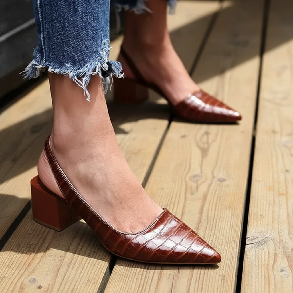 Slingback Closed Toe Heels with Block Heel Brown 5