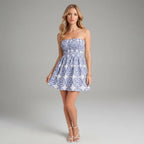 Smocked A-Line Cotton Strapless Mini Dress Blue 2