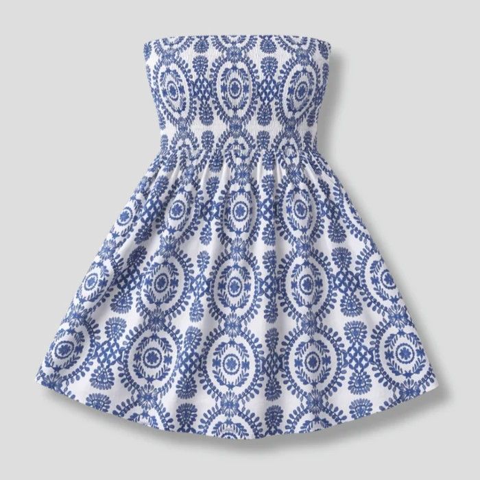 Smocked A-Line Cotton Strapless Mini Dress Blue 5