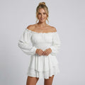 Smocked Ruffle Off Shoulder Mini Dress White 7