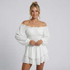 Smocked Ruffle Off Shoulder Mini Dress White 7